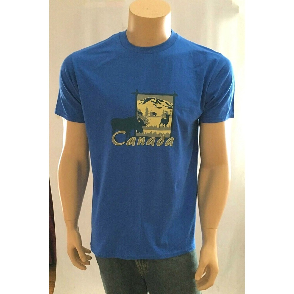 Canada T Shirt Mens M Blue Deer Moose Bear Coyote Mountain 100% Cotton Souvenir